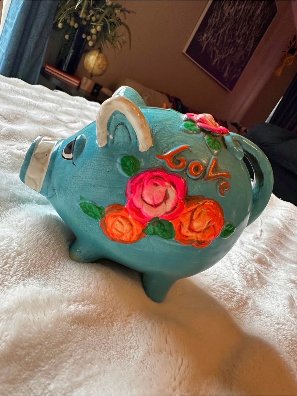 Vintage Holiday Fair 1971 Hand-Painted Turquoise Floral Piggy Bank - Love